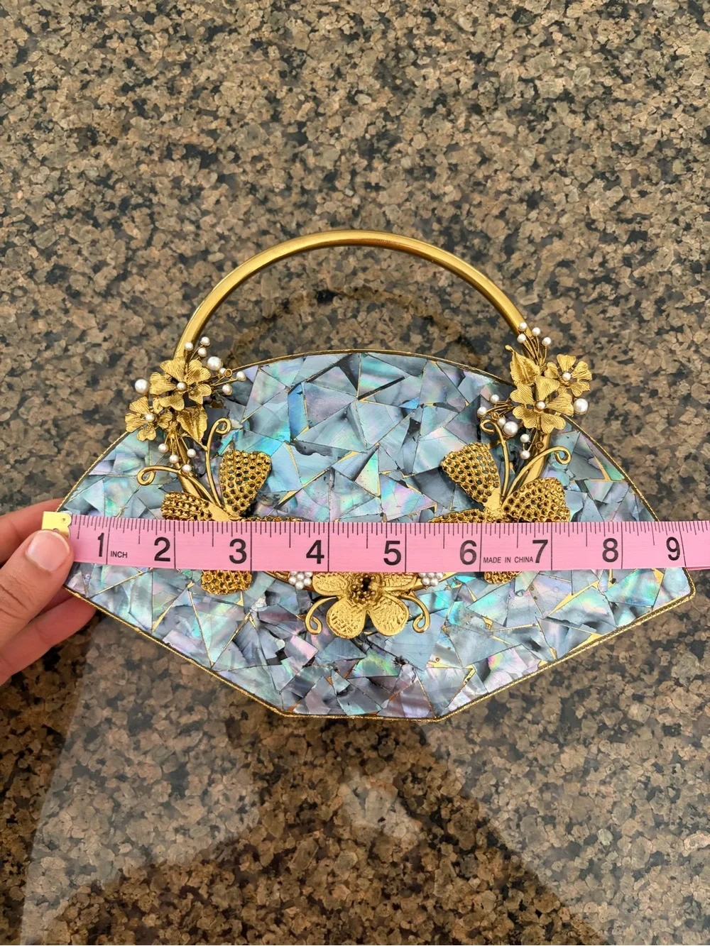 Gold Floral-Accent Iridescent Shell Evening Bag